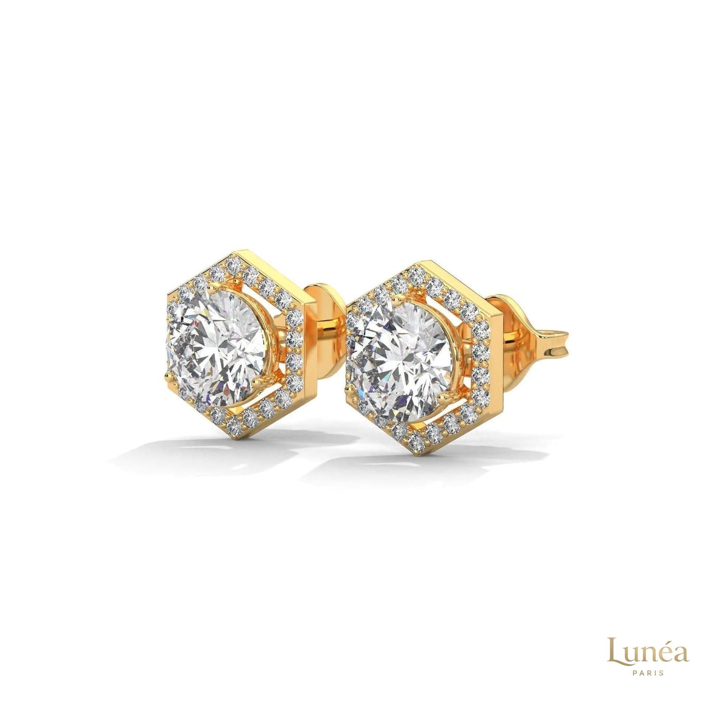 0.22 ct. hexagon halo stud earrings featuring a round lab-grown diamond set in polished 14K gold with pavé accents.