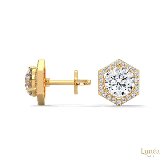 0.22 CT round lab-grown diamond stud earrings in a 14K gold hexagon halo setting.