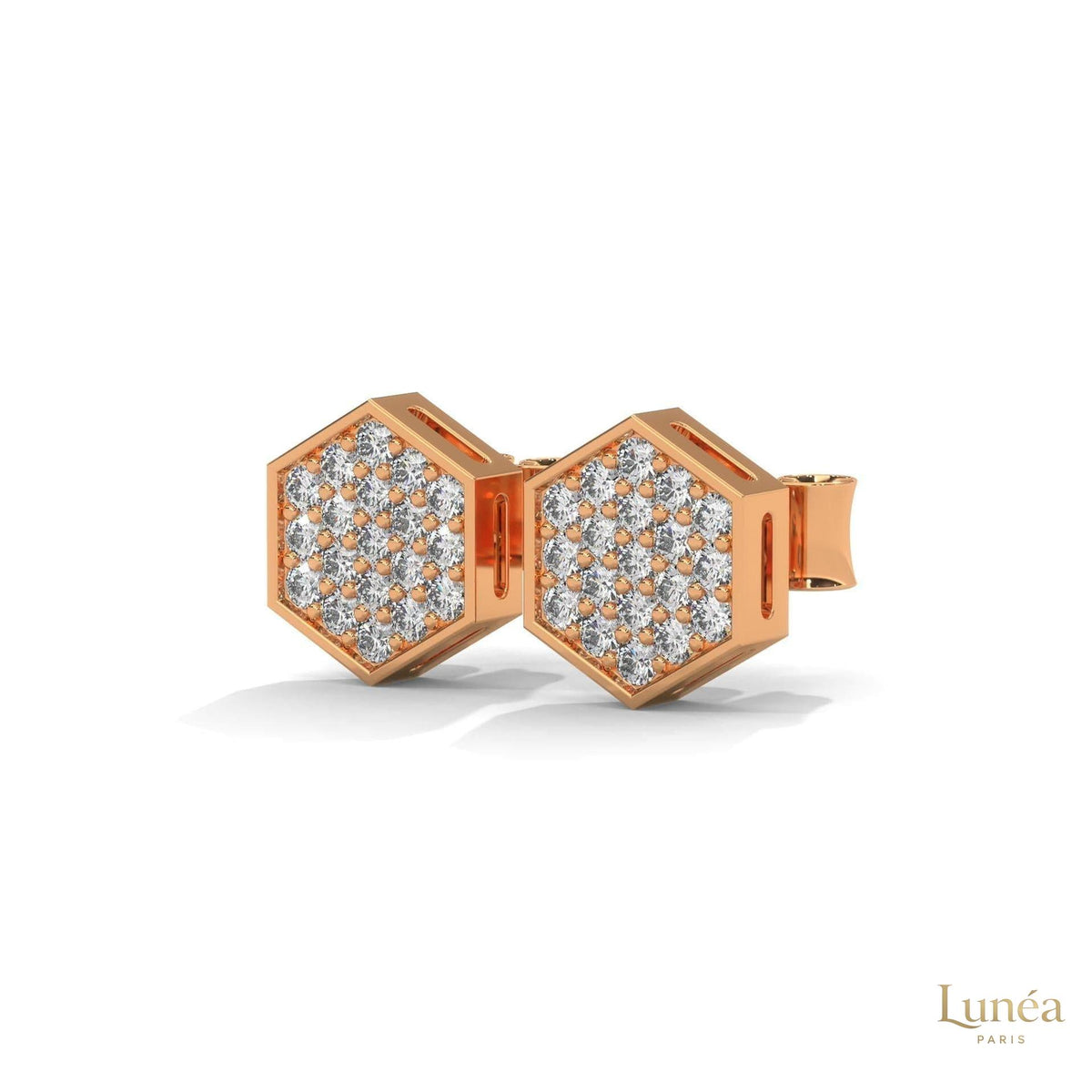 Hexagon stud earrings in 14K gold featuring a pavé-set lab-grown diamond honeycomb design.