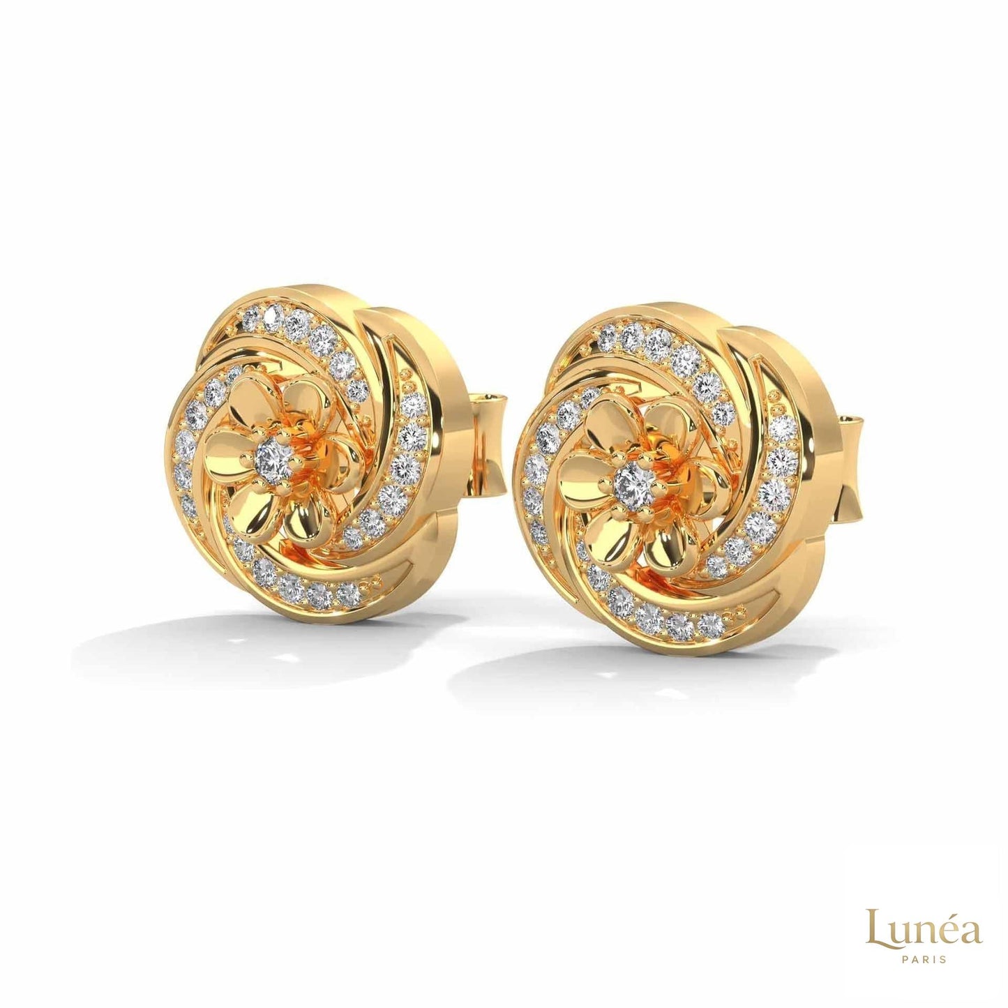 0.40 CT floral cluster diamond stud earrings in 14K gold with round brilliant lab-grown diamonds in a delicate petal design.