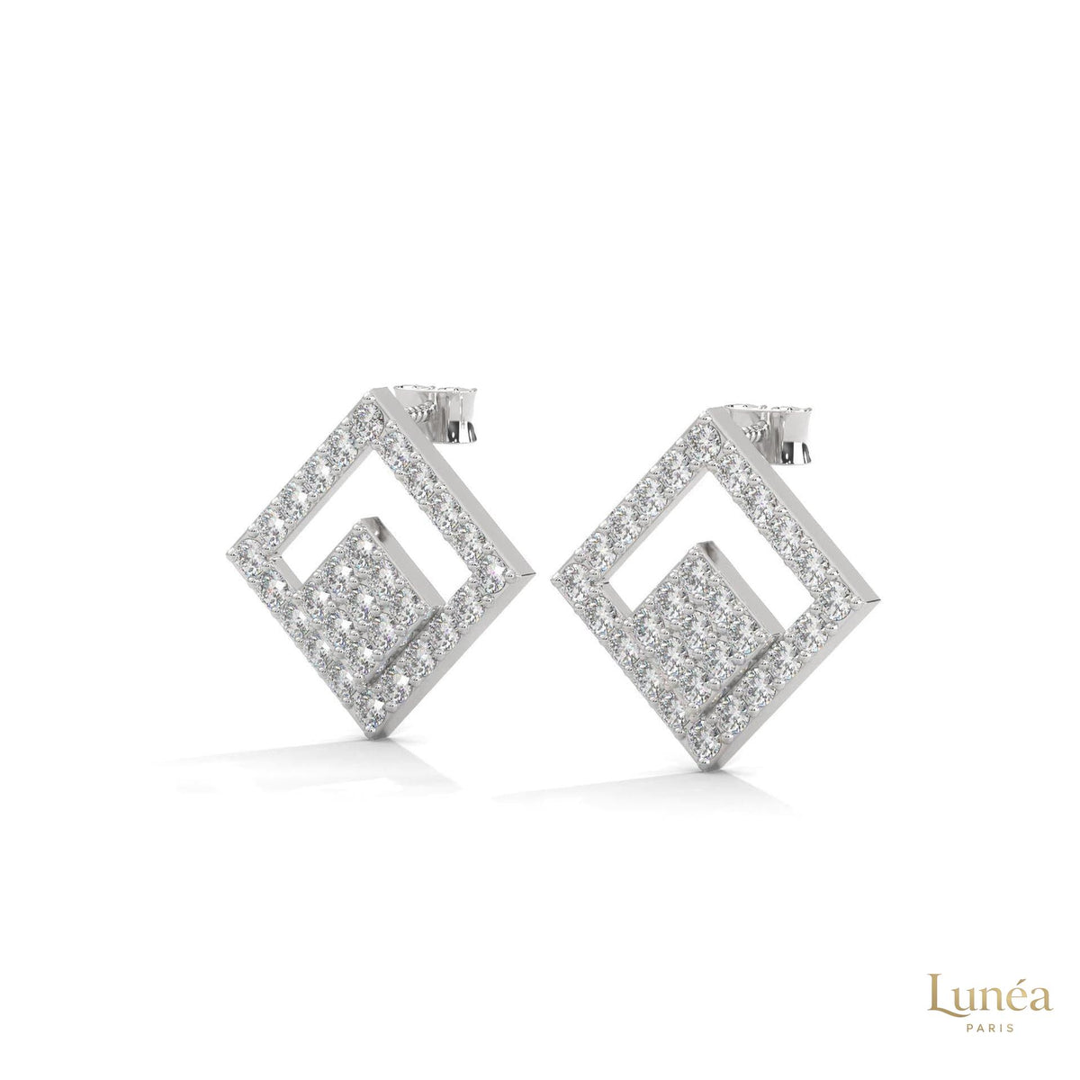 Handcrafted geometric stud earrings featuring pavé-set lab-grown diamonds in polished 14K gold with a modern square silhouette.