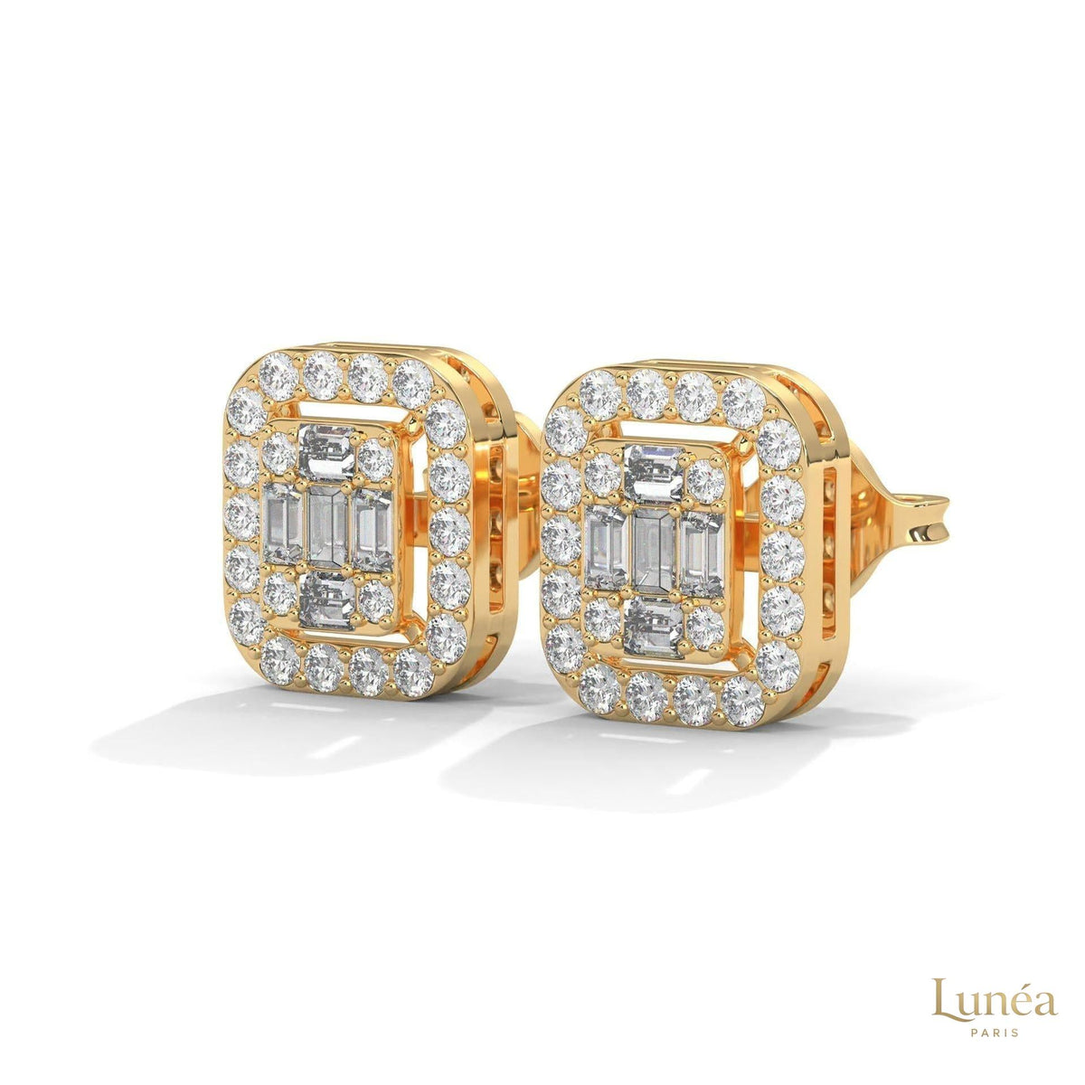 14K gold halo stud earrings featuring a central baguette-cut lab-grown diamond cluster for timeless, elegant sparkle.