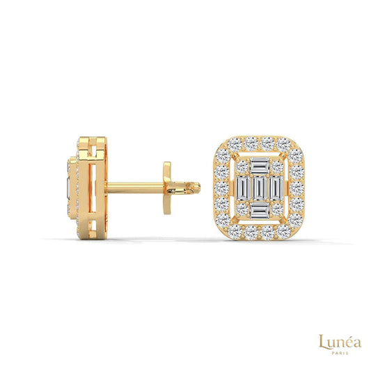 14K gold stud earrings featuring a baguette-cut diamond cluster surrounded by a radiant halo setting.