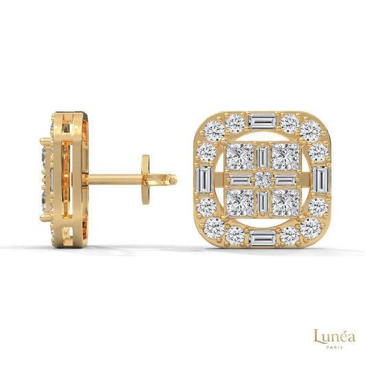 14K yellow gold square stud earrings featuring a radiant combination of baguette and round-cut lab-grown diamonds.