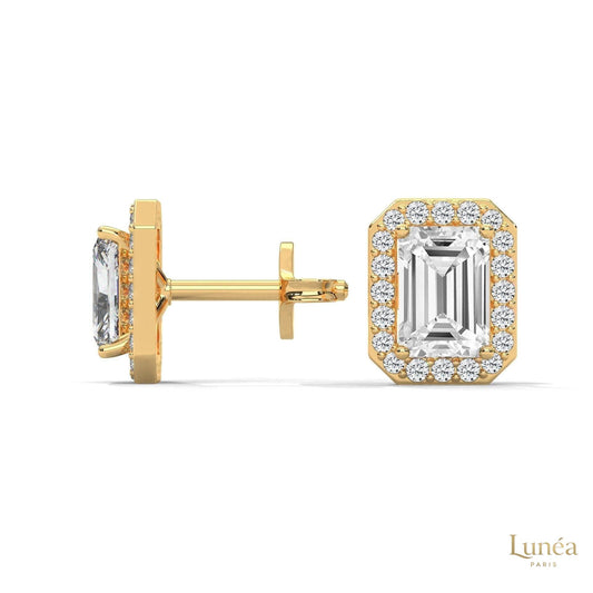 1.05 CT emerald-cut lab-grown diamond halo stud earrings set in polished 14K gold.