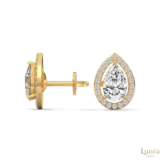 1.09 CT pear-shaped lab-grown diamond halo stud earrings set in polished 14K gold.
