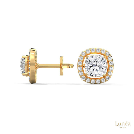 1.25 CT cushion halo diamond stud earrings in 14K gold with pavé-set lab-grown diamonds.