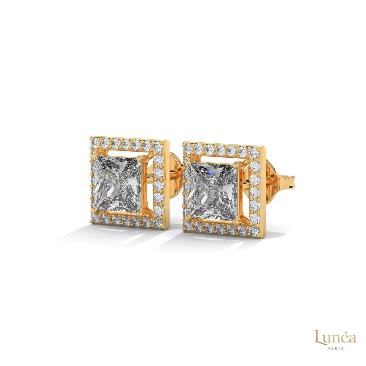 1.30 CT princess-cut lab-grown diamond halo stud earrings set in polished 14K gold with pavé diamond accents.