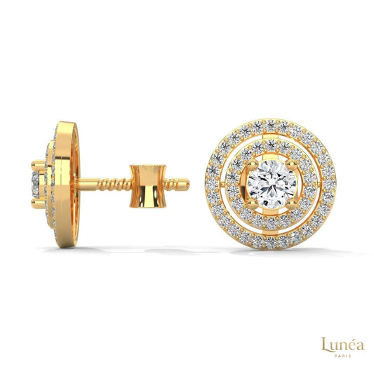 1.5 CT lab-grown diamond stud earrings featuring a double halo design in polished 14K gold.