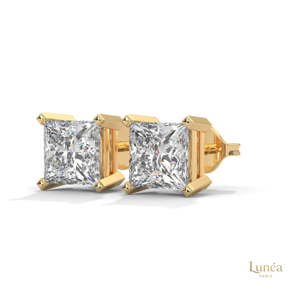 1.5 ct. princess-cut lab-grown diamond stud earrings set in polished 14K white gold.