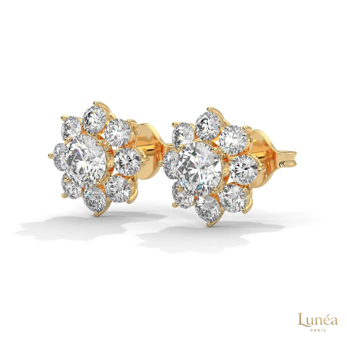 1.50 CT lab-grown diamond flower cluster stud earrings in 14K gold, featuring brilliant round stones in a floral design.