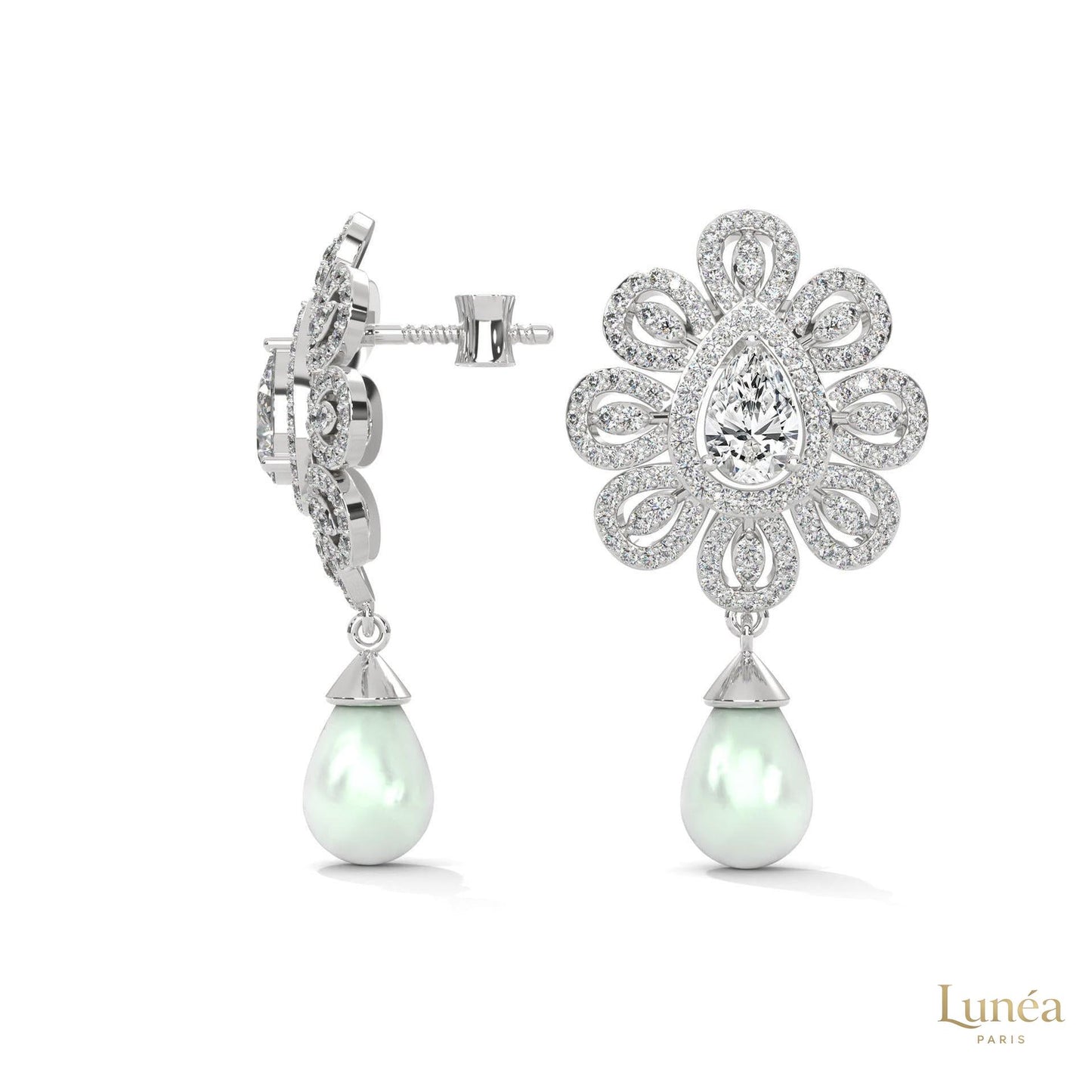 1.70 CT. Diamond & Pearl Teardrop Earrings