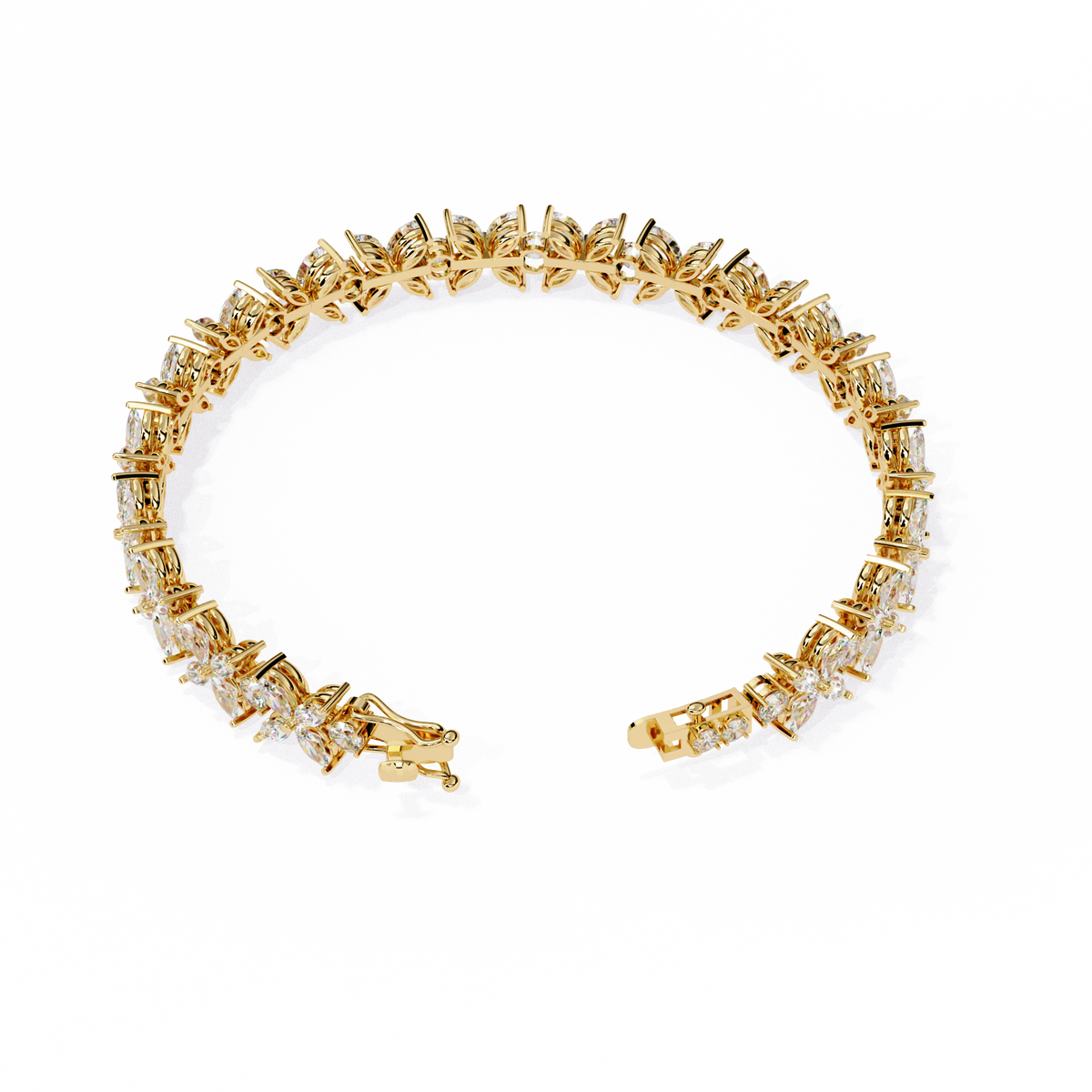 6.3 CTW marquise and round floral lab-grown diamond tennis bracelet in Yellow Gold, elevated clasp-side view – Lunéa Paris