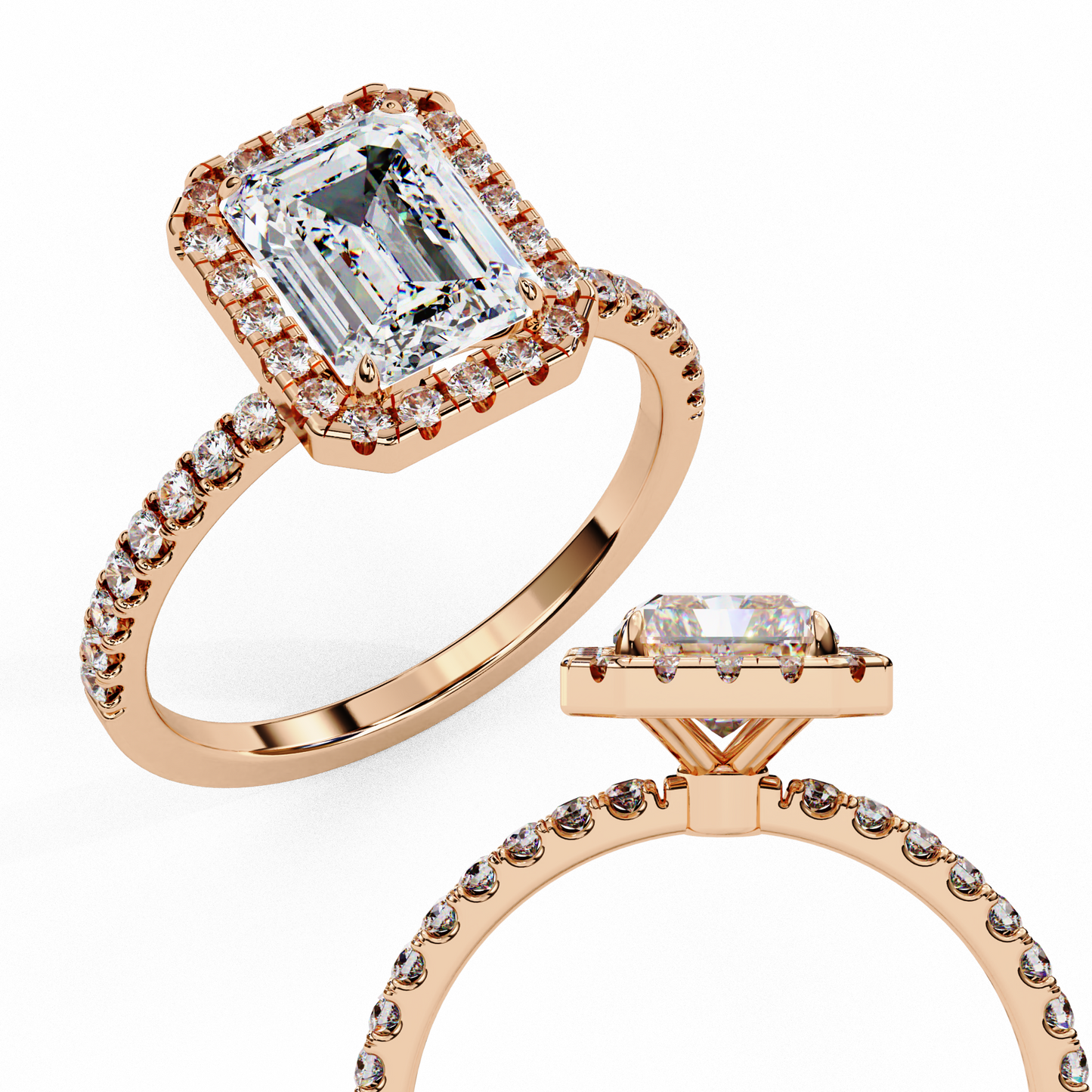 2.02 CTW Emerald-Cut Lab-Grown Diamond Halo Pavé Engagement Ring in 14K Rose Gold