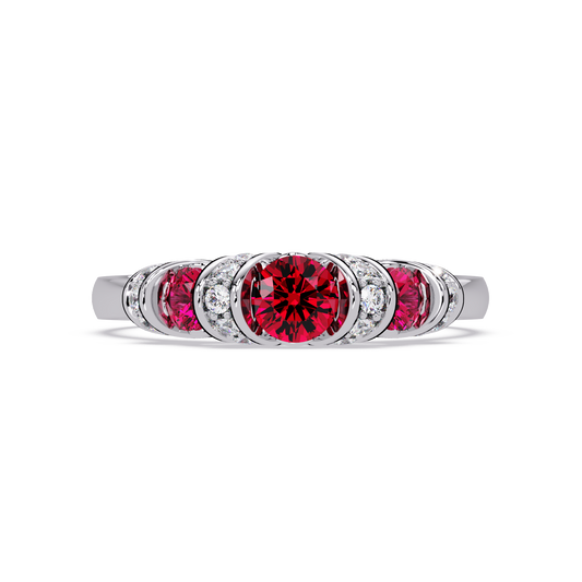 0.5 CTW Round Three-Stone Pavé Colorstone Ring with Ruby Red stones in 14K White Gold – Lunéa Paris