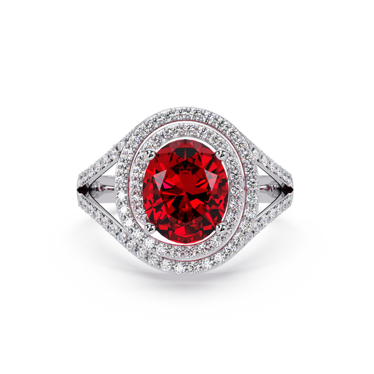 1.8 CTW Oval Double Halo Split Shank Colorstone Ring with Ruby Red center in 14K White Gold – Lunéa Paris