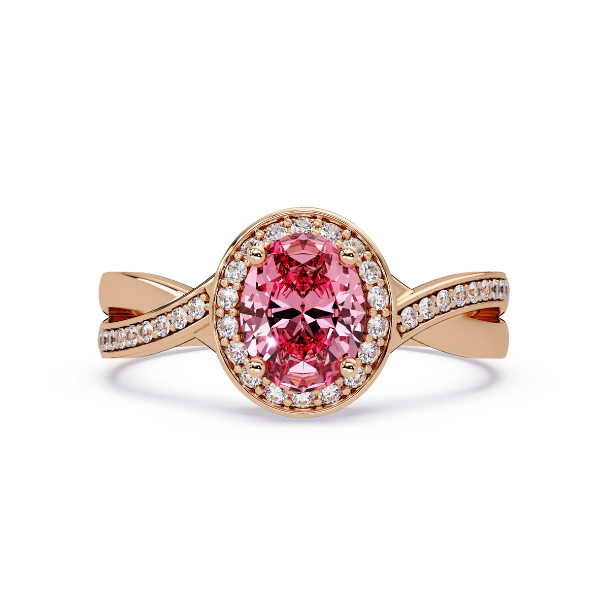 0.6 CTW Oval Halo Split Shank Colorstone Ring with Tourmaline Pink center in 14K Rose Gold – Lunéa Paris