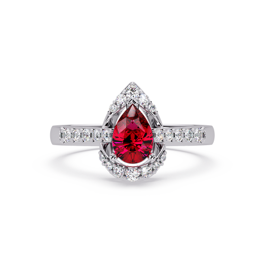 0.6 CTW Pear Halo Pavé Colorstone Ring with Ruby Red center in 14K White Gold – Lunéa Paris