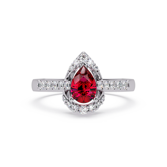 0.6 CTW Pear Halo Pavé Colorstone Ring with Ruby Red center in 14K White Gold – Lunéa Paris