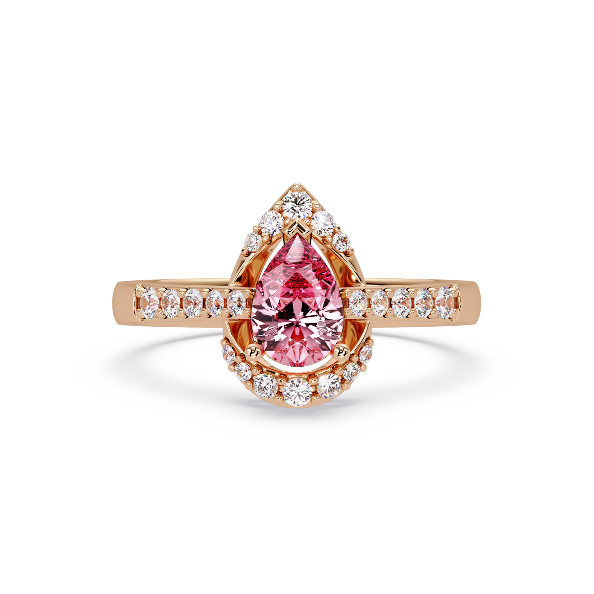 0.6 CTW Pear Halo Pavé Colorstone Ring with Tourmaline Pink center in 14K Rose Gold – Lunéa Paris