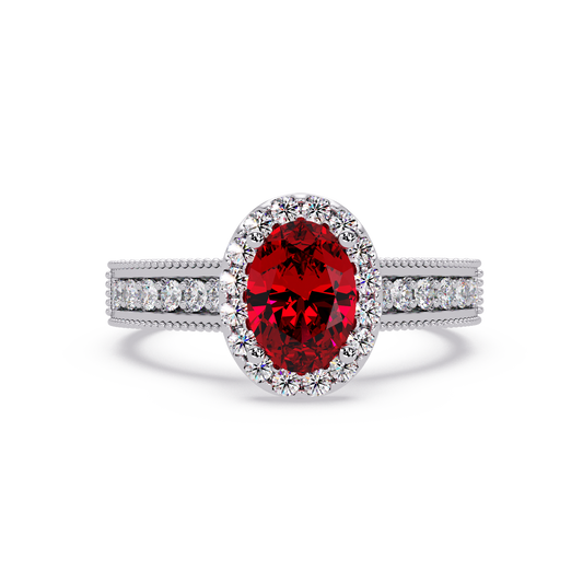 1.3 CTW Oval Halo Double-Row Pavé Colorstone Ring with Ruby Red center in 14K White Gold – Lunéa Paris