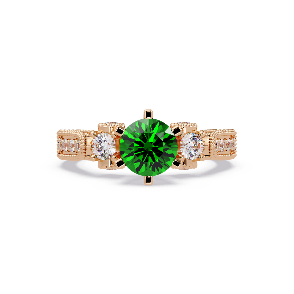 1.4 CTW Round Three-Stone Pavé Colorstone Ring with Emerald Green center in 14K Rose Gold – Lunéa Paris
