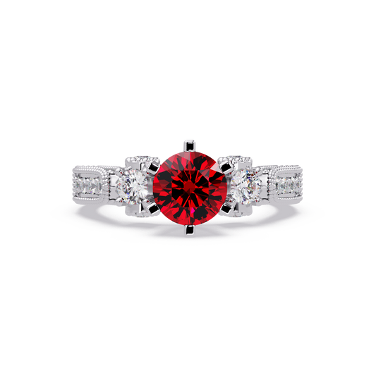 1.4 CTW Round Three-Stone Pavé Colorstone Ring with Ruby Red center in 14K White Gold – Lunéa Paris