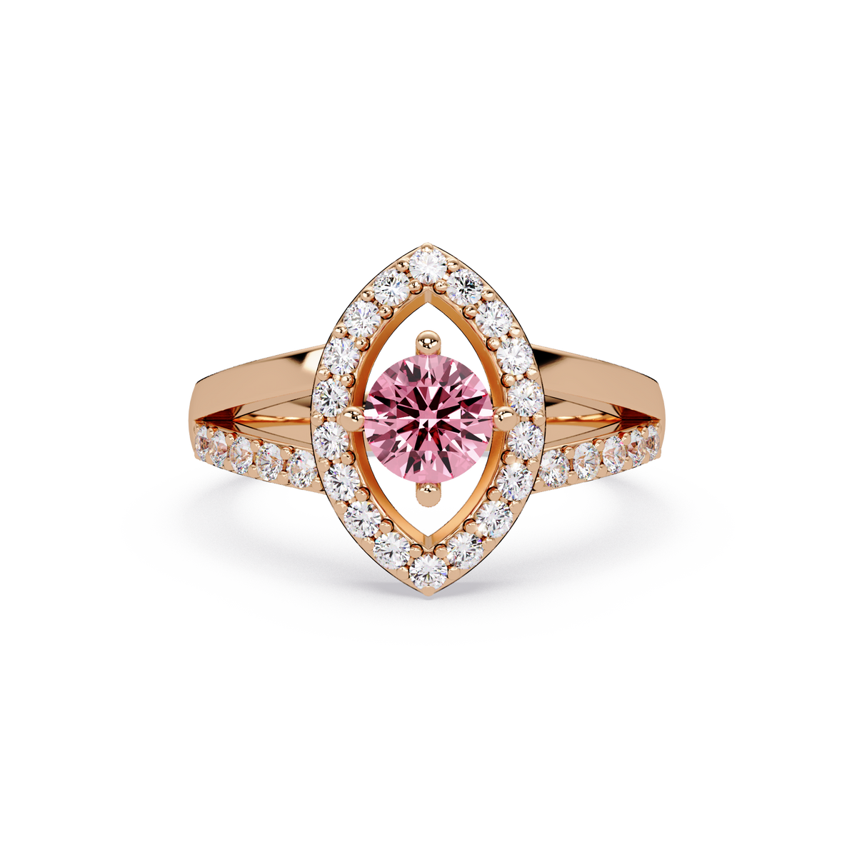 0.8 CTW Round Marquise Halo Pavé Colorstone Ring with Tourmaline Pink center in 14K Rose Gold – Lunéa Paris
