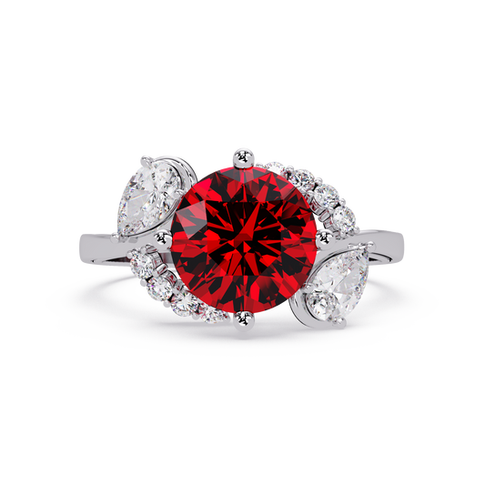 2.3 CTW Round & Pear Three-Stone Pavé Colorstone Ring with Ruby Red center in 14K White Gold – Lunéa Paris