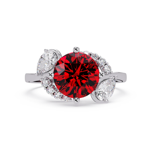 2.3 CTW Round & Pear Three-Stone Pavé Colorstone Ring with Ruby Red center in 14K White Gold – Lunéa Paris