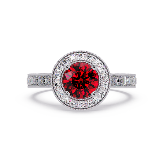 1.5 CTW Round Baguette Double-Halo Colorstone Ring with Ruby Red center in 14K White Gold – Lunéa Paris