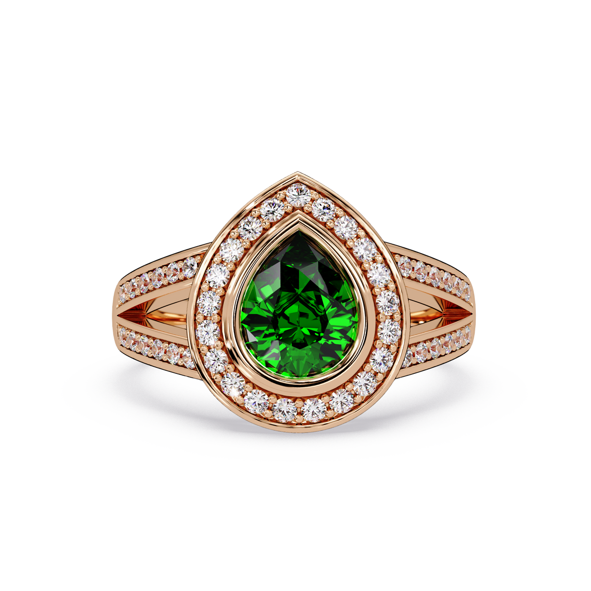 1.1 CTW Pear Halo Split-Shank Pavé Colorstone Ring with Emerald Green center in 14K Rose Gold – Lunéa Paris