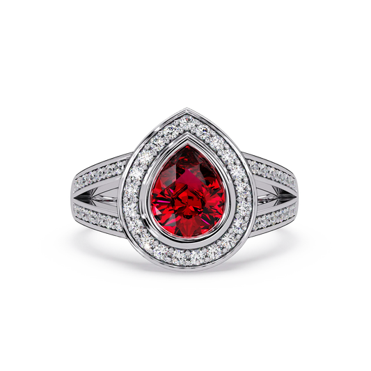 1.1 CTW Pear Halo Split-Shank Pavé Colorstone Ring with Ruby Red center in 14K White Gold – Lunéa Paris