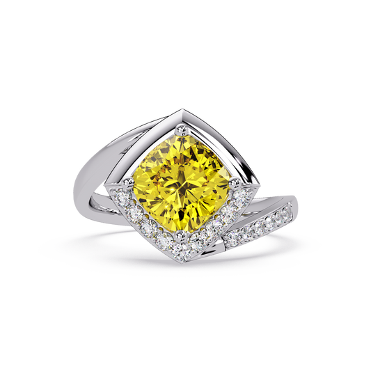 2.2 CTW Cushion Bypass Pavé Colorstone Ring with Citrine Yellow center in 14K White Gold – Lunéa Paris