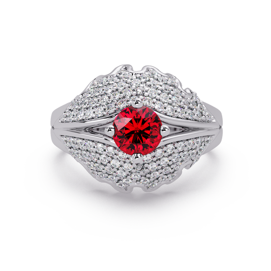 0.9 CTW Round Sculptural Pavé Halo Colorstone Ring with Ruby Red center in 14K White Gold – Lunéa Paris