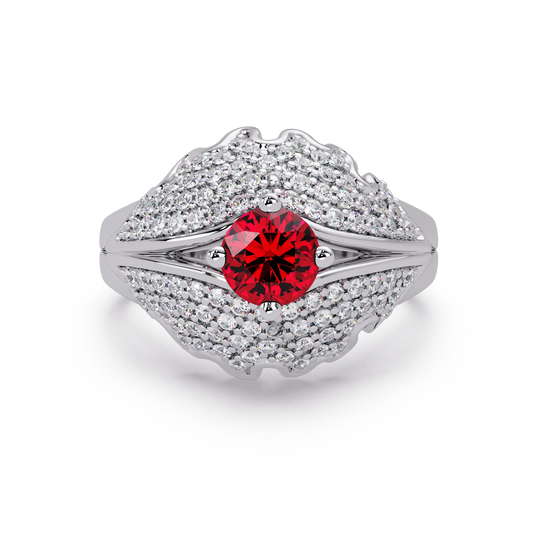 0.9 CTW Round Sculptural Pavé Halo Colorstone Ring with Ruby Red center in 14K White Gold – Lunéa Paris