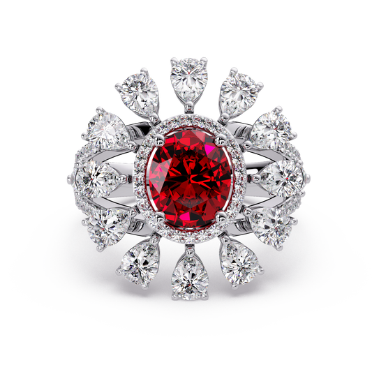 3.2 CTW Oval Pear Sunburst Halo Colorstone Ring with Ruby Red center in 14K White Gold – Lunéa Paris