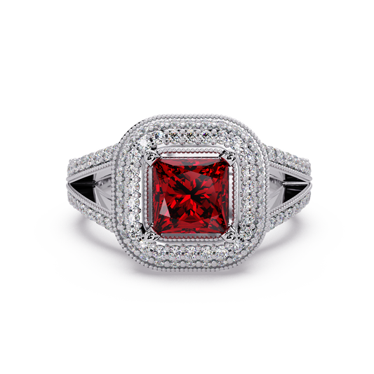 2.2 CTW Princess Double-Halo Split Shank Colorstone Ring with Ruby Red center in 14K White Gold – Lunéa Paris