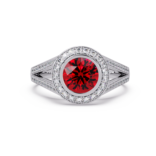 1.4 CTW Round Bezel Halo Split-Shank Colorstone Ring with Ruby Red center in 14K White Gold – Lunéa Paris