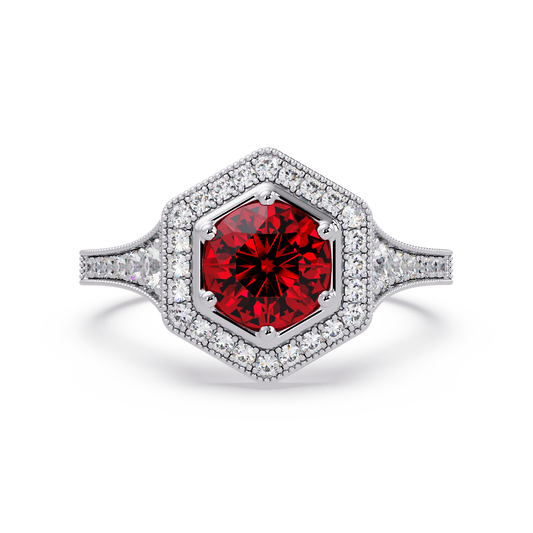 Hexagonal halo pavé colorstone ring Ruby Red WG – Lunéa Paris