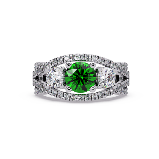 1.8 CTW Round Three-Stone Split-Shank Pavé Colorstone Ring with Emerald Green stones in 14K White Gold – Lunéa Paris