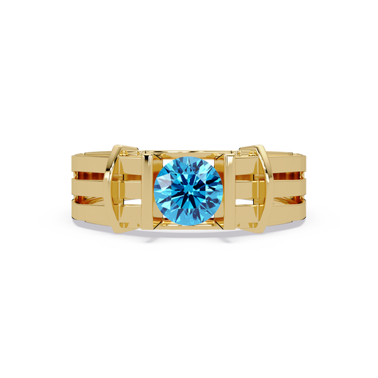 0.8 CTW Round Geometric Split-Rail Men’s Colorstone Ring with Aquamarine Blue in Yellow Gold – Lunéa Paris