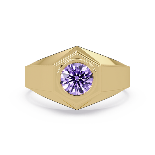 0.8 CTW Round Hexagonal Bezel Men’s Colorstone Ring with Amethyst Purple in Yellow Gold – Lunéa Paris