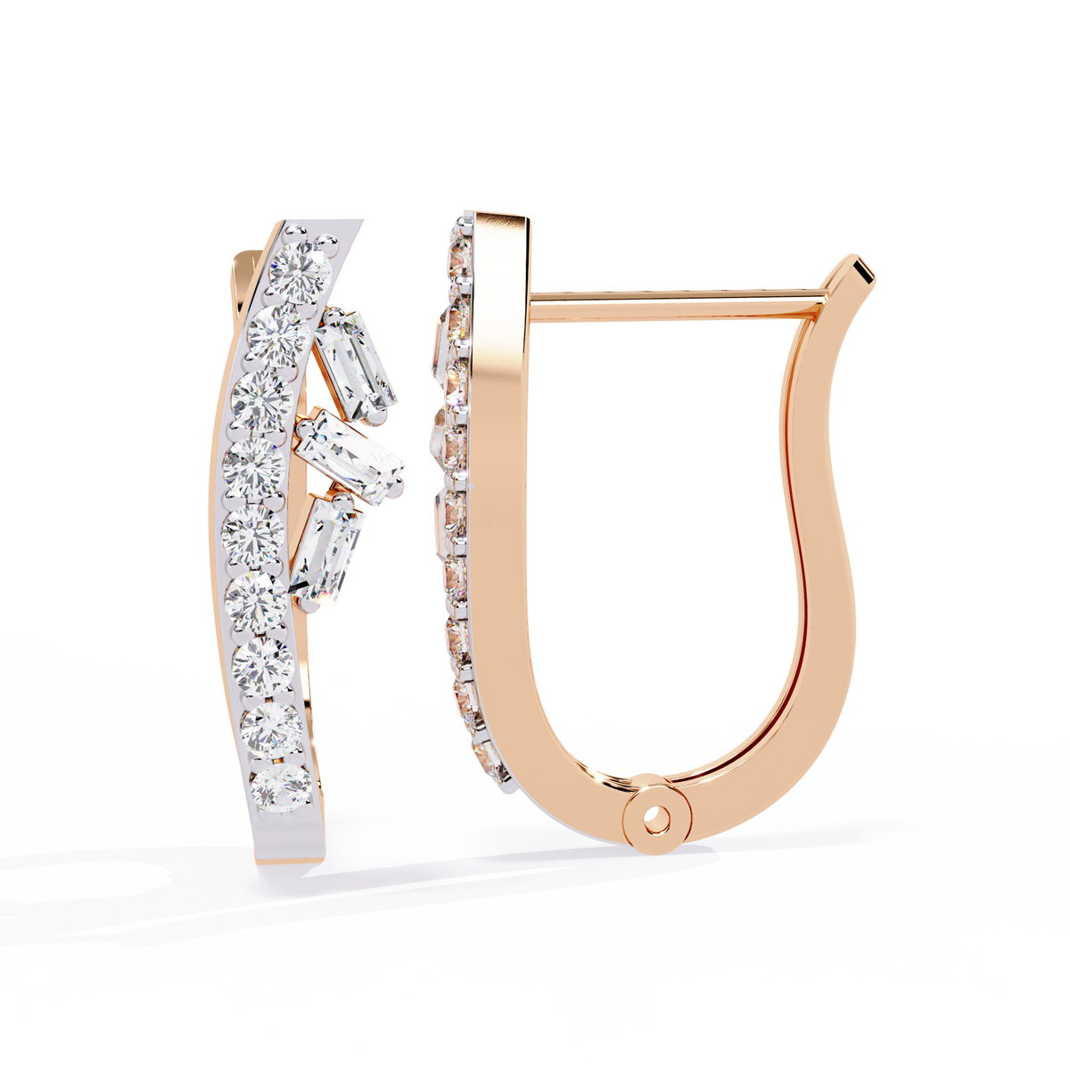 0.4 CTW baguette and round diamond sculptural hoop earrings in Rose Gold, angled view – Lunéa Paris