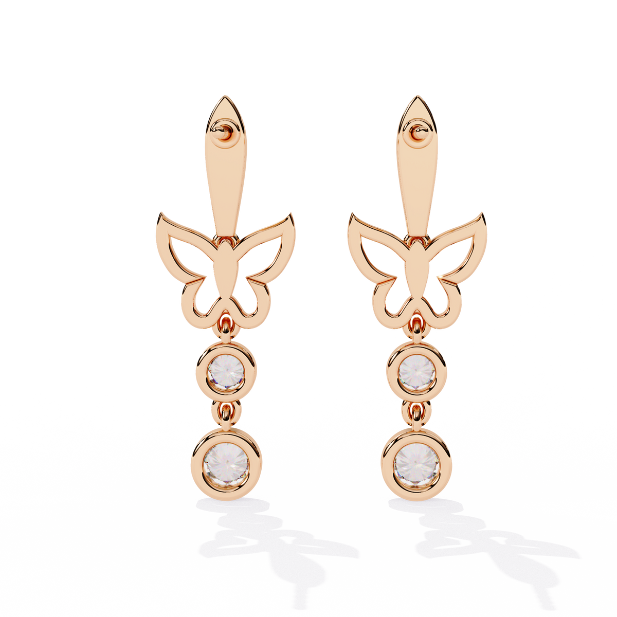 0.6 CTW round diamond butterfly double-drop earrings in Rose Gold, rear view – Lunéa Paris