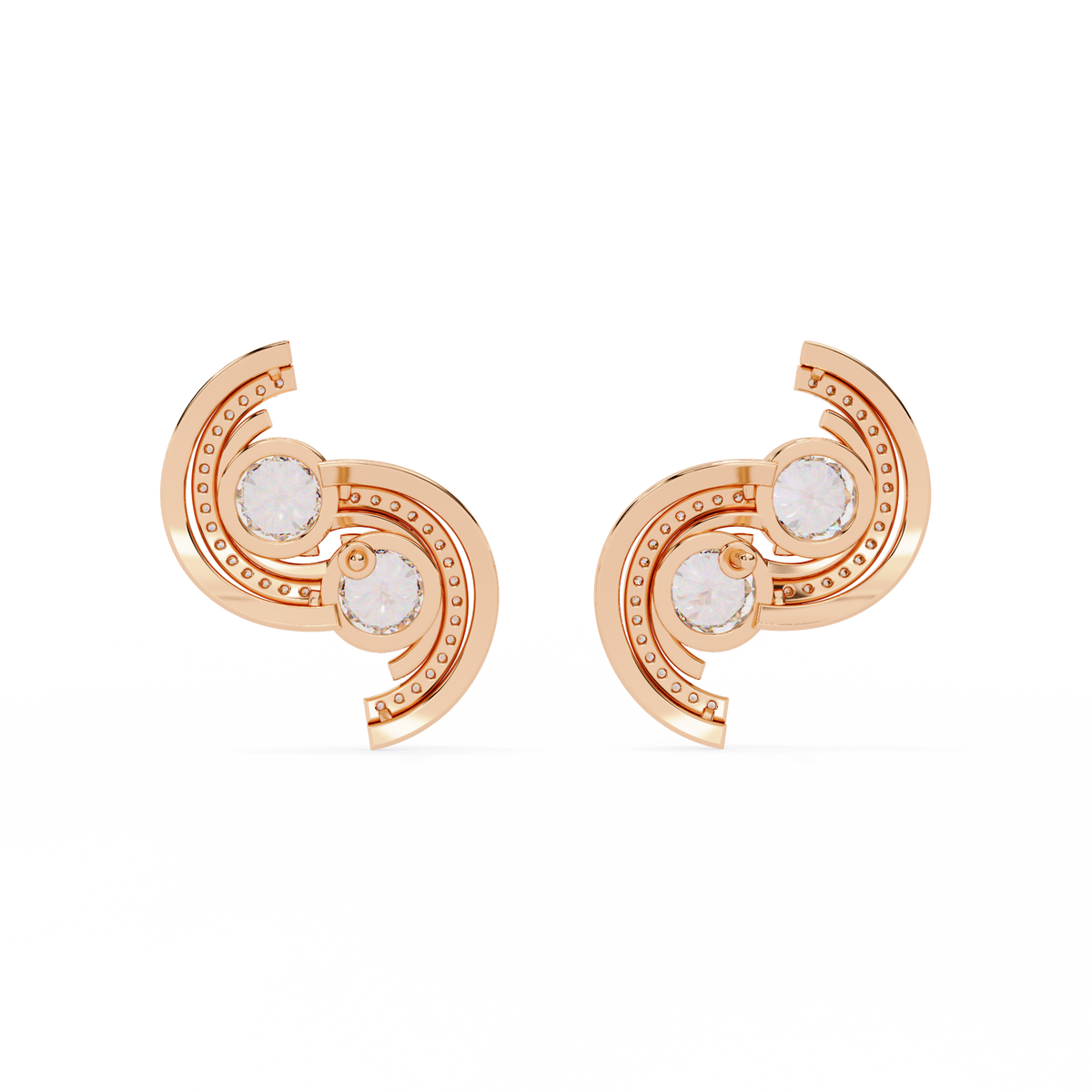 2.1 CTW round diamond double-swirl stud earrings in Rose Gold, rear view – Lunéa Paris
