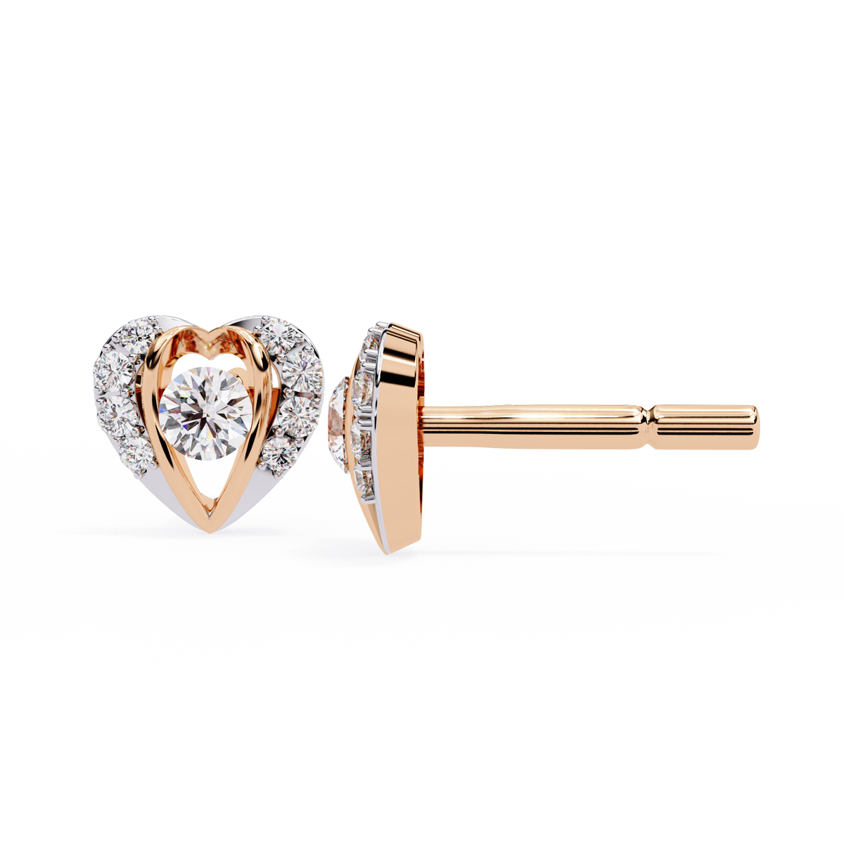 0.7 CTW round diamond open-heart stud earrings in Rose Gold, angled view – Lunéa Paris
