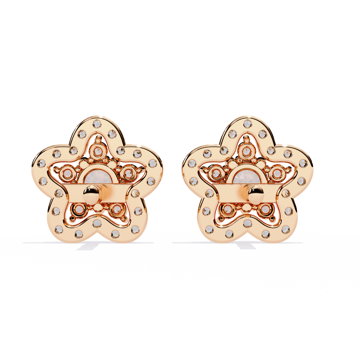 0.9 CTW round diamond floral halo stud earrings in Rose Gold, rear view – Lunéa Paris