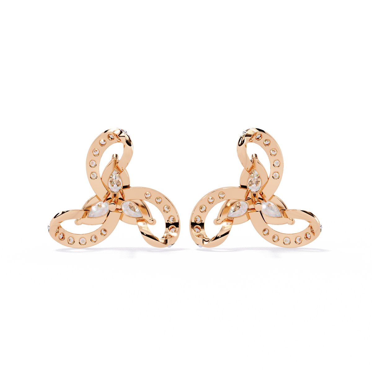 1.4 CTW pear and round diamond tri-loop stud earrings in Rose Gold, rear view – Lunéa Paris