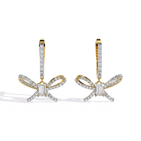 1.2 CTW emerald and round diamond bow hoop drop earrings in Yellow Gold, front view – Lunéa Paris